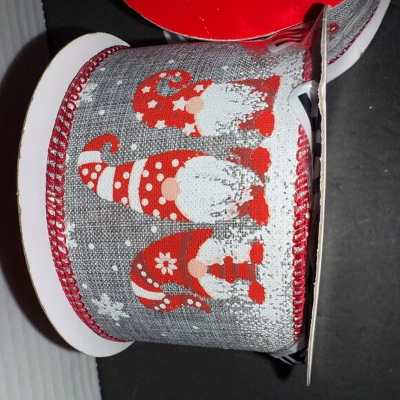 Lot of 2 NEW Wire Edged Holiday Gnome Ribbon - 2.5”W x 8.33 yds each - Picture 2 of 3